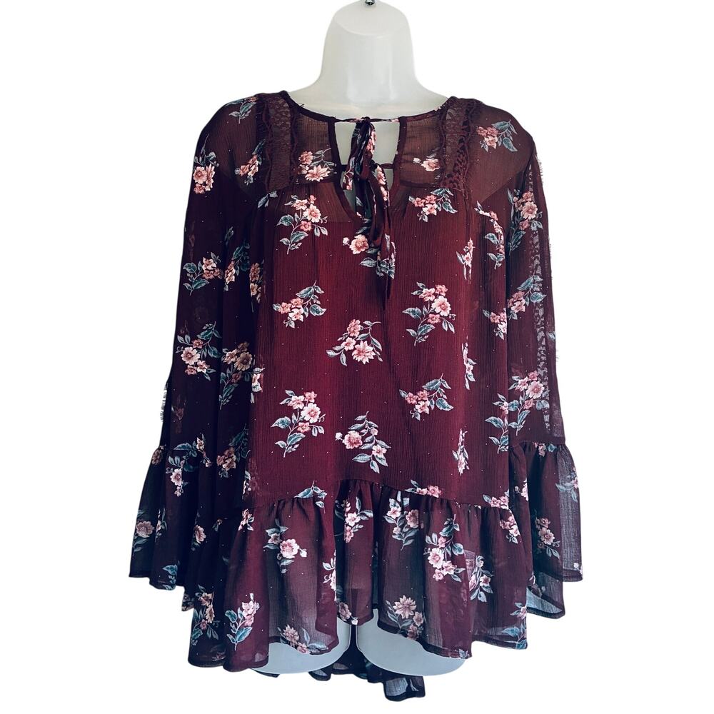 American Eagle Floral Boho Peasant Blouse XL Burgundy Bell Sleeve Lace Tie Neck